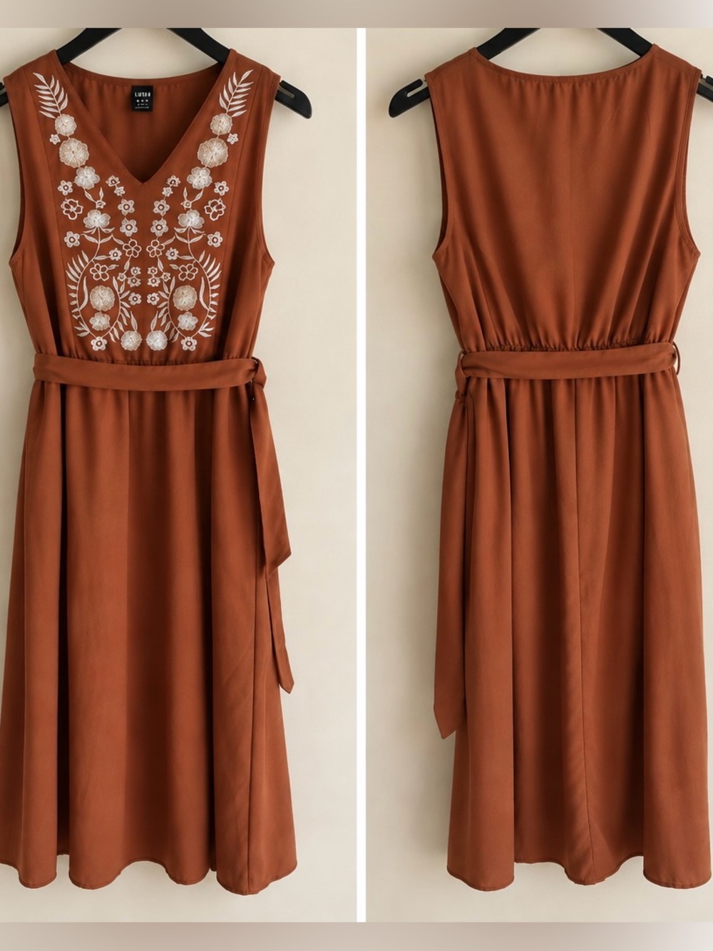 Rust Orange Embroidered Sleeveless Midi Dress